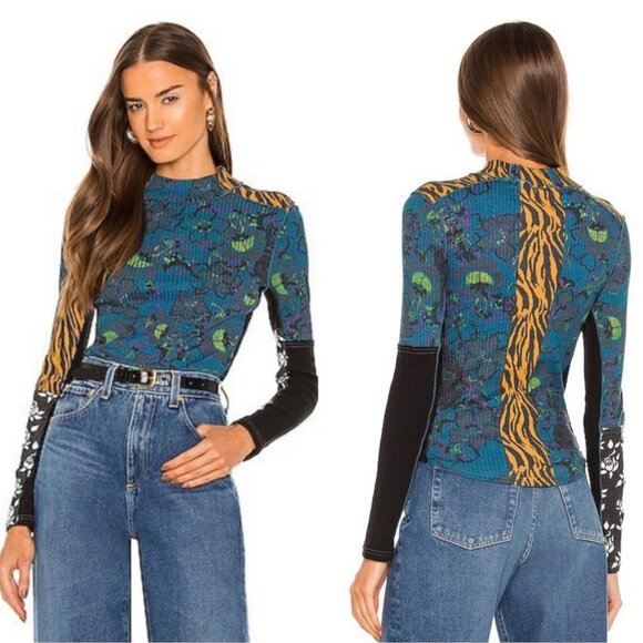 Free People Meadow Mix Tee Blue Combo • Long Sleeve Patchwork Mock Neck Size XS - Picture 1 of 12